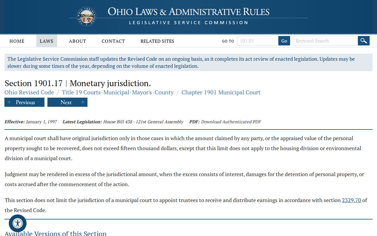 Jackson County civil docket municipal court jurisdiction statute