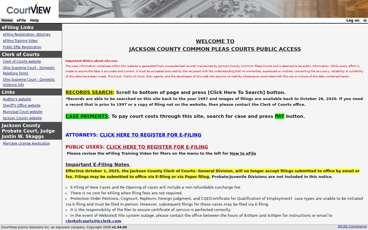 Jackson County criminal docket Common Pleas eServices entry interface